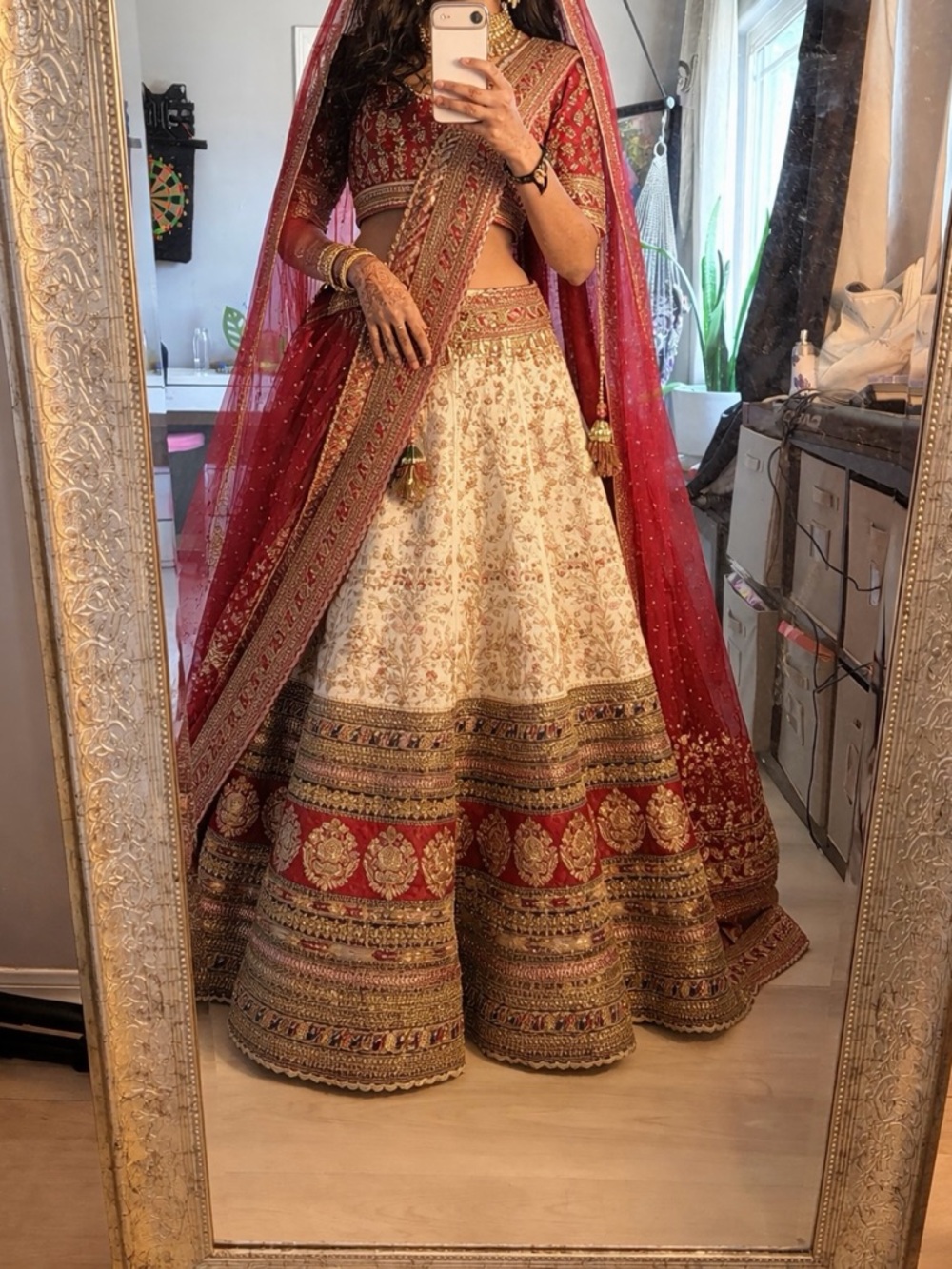 Red and Ivory Embroidered Bridal Lehenga with Sheer Dupatta